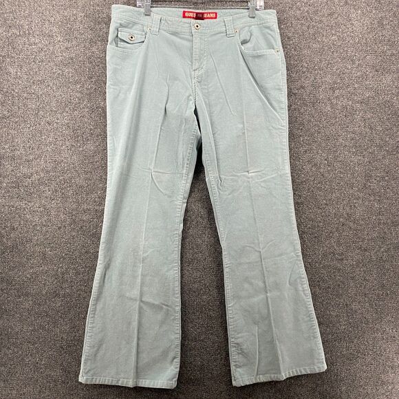 Guess Corduroy Pants Womens 34 Blue Mid Rise Flare Flap Pocket Ladies Hippie 90s - Picture 1 of 12